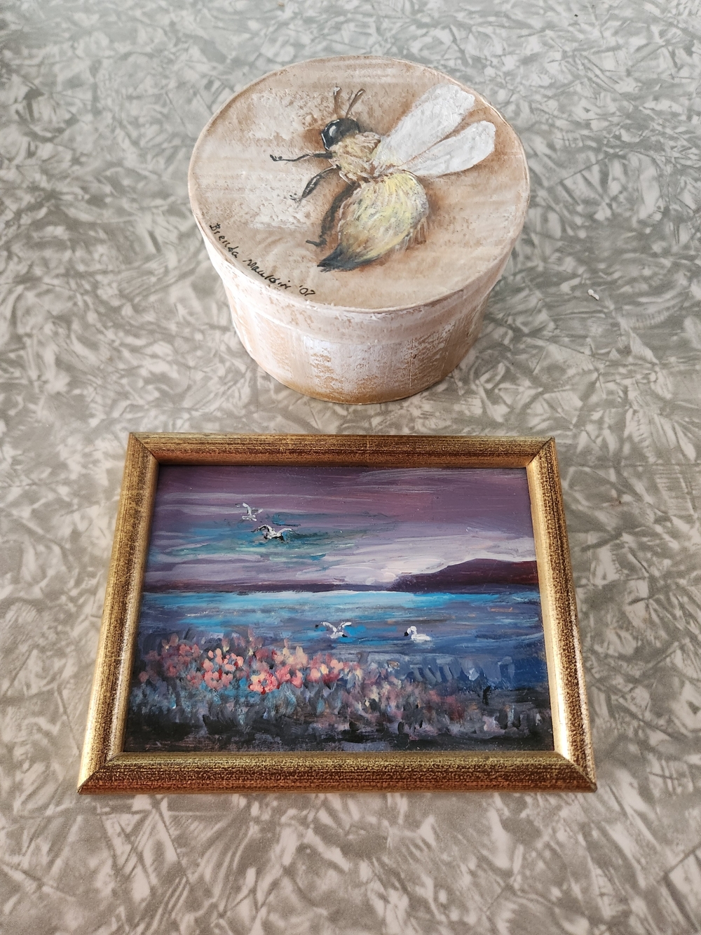 Hand-Painted Coastal Mini Canvas in Gold Frame - Blue & Purple